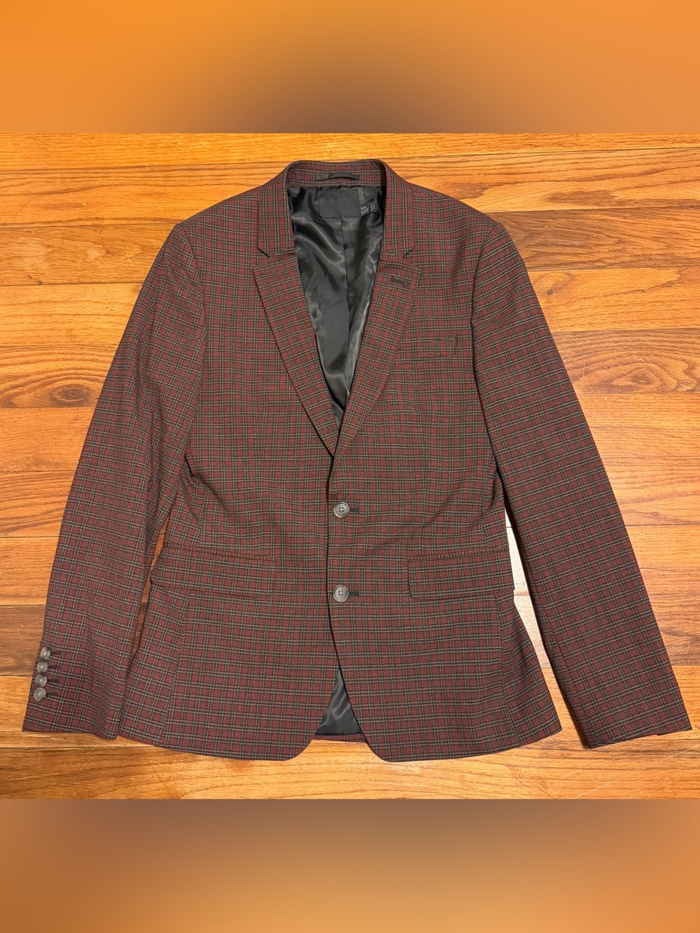 ASOS Mens Plaid Blazer Sport Coat US 38 Burgundy Black Check Two Button